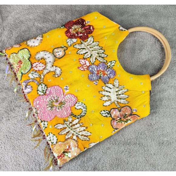 Bali Collection Purse Womens Yellow Hippie Boho Floral Sequined Wooden Handle - Picture 2 of 8